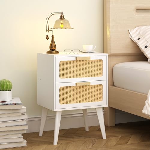 YAUKOMEL White Nightstand, Wood End Table, Side Table with 2 Hand Made Rattan Decorated Drawers,Boho Bedside Table,Wood Accent Table with Storage for Livingroom, Bedroom, White CTG59W - color: White, style: Rattan Style