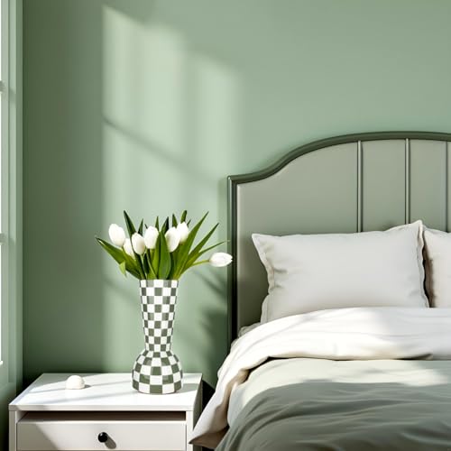 Sage Green Checkered Vase, Aesthetic Modern Ins Cool Flower Vases for Home Decor, Entryway Table, Centerpieces Decoration for Kitchen, Living/Dining Room, Bedroom, Bathroom, Coffee Tables (Ceramic) - color: Sage Green