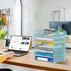 7 Tier Paper Organizer - Mesh Desktop File Holder with Handles for Office School Desk, Black (Blue) - color: Blue