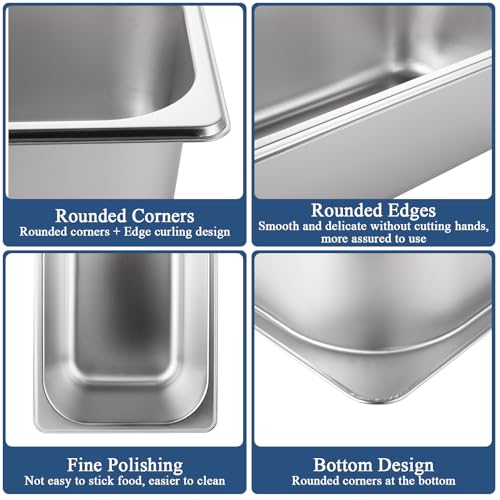 YOUNTHYE 6PCS Hotel Pans Stainless Steel Steam Table Pan 1/3 Size 4 Inch Deep Steam Pan Catering Storage Metal Food Catering Tray for Hotel Restaurant, Buffet Party
