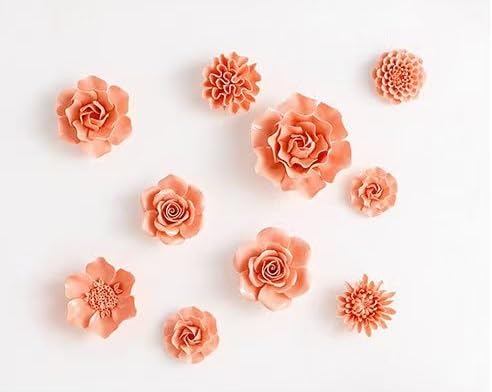 Carnation 3.15" Ceramic 3D Wall Art, Handmade Porcelain Flower Decoration for Home Office Decor (Orange Pink) - color: Orange Pink,Carnation，3.15"
