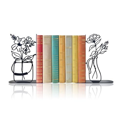 Metal Flower Book Ends, Cute Book Ends for Home Office Decor Decorative Book Ends for Shelves, Ideal Gift for Book Lovers(Black) - color: Black