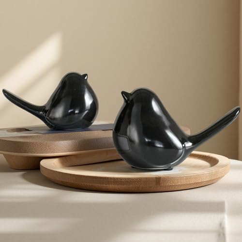 Ceramic Birds Figurines Home Decor, Set of 2 Black Birds Statue, Chubby Small Bird Figurines, Modern Style Bird Decor for Home Living Room Desk Bookshelf Coffee Table Office Desktop (Black) - color: Black