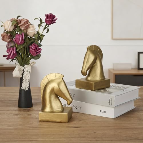 Gold Horse Head Decorative Bookends - Heavy Duty Non-Slip Book stoppers, Horse Statue Book Ends for Shelves, Modern Equestrian Ornaments for Home Farmhouse Shelves Office Lover Gift - color: Horse Bookends Gold