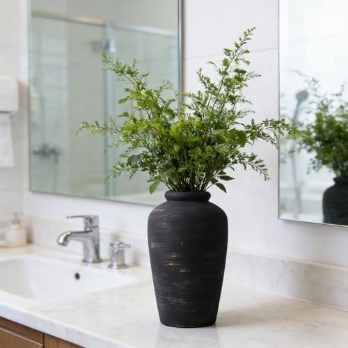 Large Ceramic Rustic Vase, 11" Black Terracotta Farmhouse Flower Vase, Modern Boho Pottery Decor for Living Room, Bathroom, Office, Shelf, Mantel