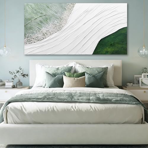 Hue7Art Contemporary Abstract Nature-Inspired Canvas Wall Art with White Flowing Lines and Green Accents, Minimalist Textured Artwork for Living Room Bedroom Office 29x58 Inch - color: White and green, size: 58"L x 29"W