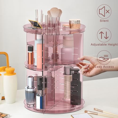 Rotating Makeup Organizer, DIY 8 Adjustable Layers 360 Spinning Skincare Organizers, Makeup Storage Carousel Tower with Brush Holder & Perfume Trays, Cosmetic Display Case for Vanity Bathroom - color: Clear Pink