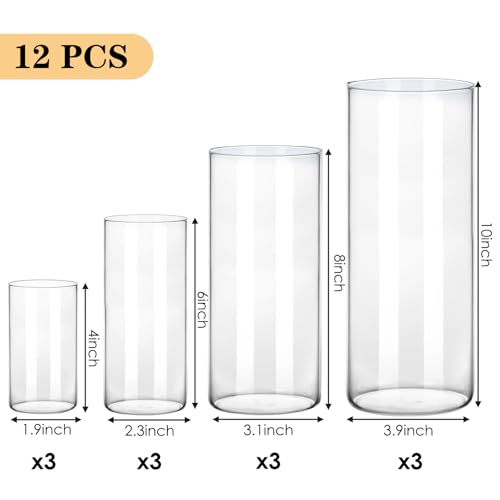 Fixwal 12pcs Clear Glass Cylinder Flower Vases, 4, 6, 8, 10 Inch Tall Cylinder Vases for Centerpieces, Glass Flower Vase Floating Candle Holder Vase for Table Shelf, Party, Wedding, Home Decor - size: 12pcs