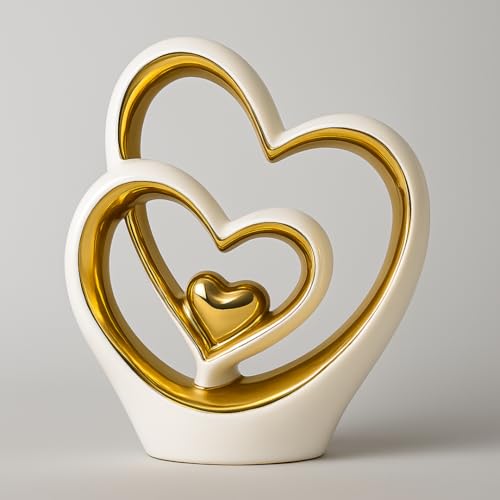 Gold Heart Ornament – Elegant Ceramic Couple Sculpture – White & Gold Tabletop Decor – Romantic Centerpiece for Living Room, Bedroom or Office – Anniversary or Valentine’s Gift