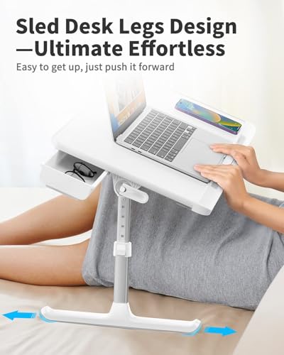 SAIJI Laptop Bed Tray Table, Adjustable PVC Leather Laptop Bed Table, Portable Standing Desk with Storage Drawer, Foldable Lap Tablet Table for Sofa Couch Floor (Large,White) - color: White