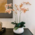 CG Hunter Faux Orange Orchid Plant, Premium Artificial Indoor Flower Display Stands 23”, Beautiful Sculptural Blooms That Lasts Forever, White Planter Pot Included - size: 23" Orange 4-Stem Orchid