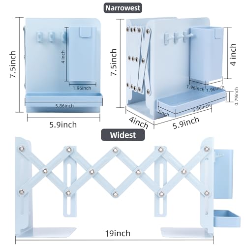 Adjustable Bookends, 19" Metal Book Ends for Heavy Books, 2 Dividers Bookends with Removable Pen Holder, Tray, and 3 Hook-up, Book Organizer for Office, School, Bookstore, Home - color: Blue