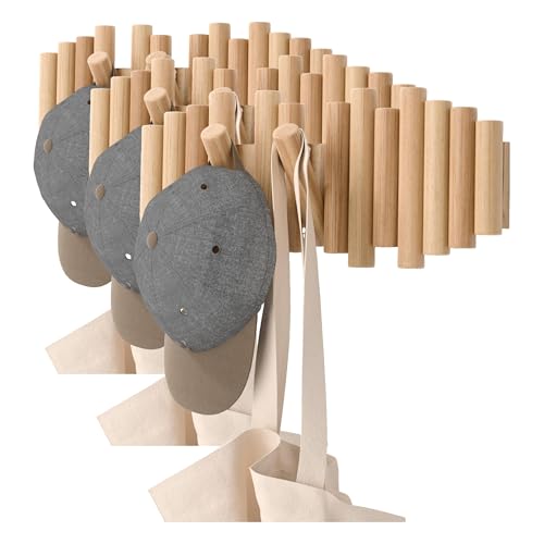 Umbra Picket Wall-Mounted Coat Rack Rail Hook with 5 Retractable Wood Pegs – Modern, Space-Saving Storage Organizer, Natural (Pack of 3) - color: Natural, size: 5-Hook (Pack of 3)