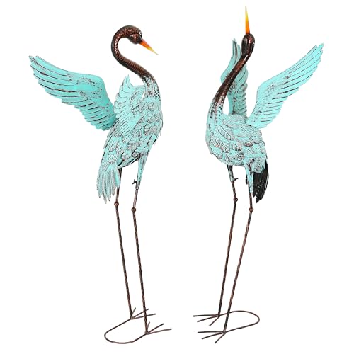 Extra-Large 47.5" Blue Heron Decor, Handcrafted Metal Crane Statue with Stable U-Ground Stakes, Backyard Decoration, Metal Garden Bird Animal Yard Art, Lawn Ornament Decor - color: 47.5" -Distressed Patina Green