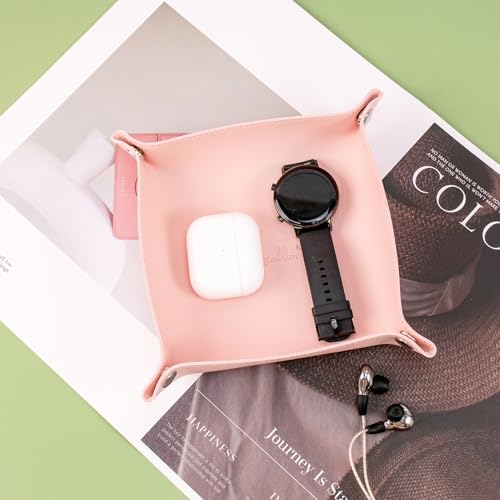 SANQIANWAN PU Leather Arc Edge Jewelry Valet Tray for Man and Women, Portable Mini Entryway Table Tray Bedside Nightstand Desk Tray Small Travel Dish Plate for Key,Wallet,Watch,Coin (Pink) - color: Pink