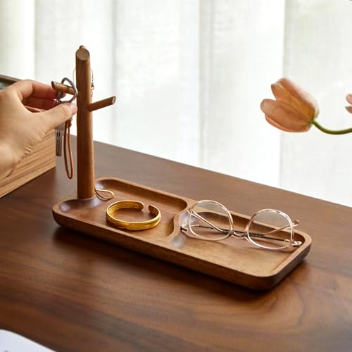Solid Acacia Wood Key Tray and Bowl for Entryway Table - Jewelry Tray With 3 Hooks, Open Storage for Wallet, Glasses, Watches, Lipstick (Acacia, Rectangle) - color: Acacia, size: Rectangle
