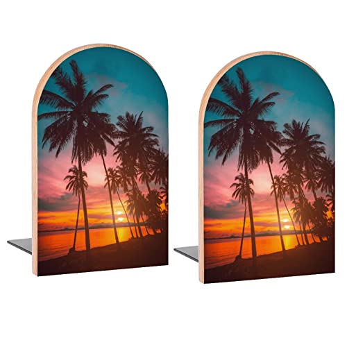 Coconut Palm Trees Beach Sunset Book Ends Decorative Wood Bookends for Shelves Kids Room Desk Home Office Book Stoppers for Magazines,Books, DVDs, 1 Pair/2 Pieces(5x3.1 in) - color: Coconut Palm Trees Beach