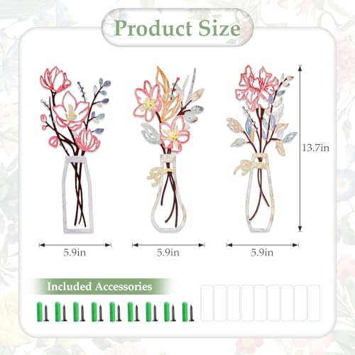 EEEKit 3 PCS Metal Flower Vase Wall Art, 5.9x13.7 Inch Minimalist Floral Wall Hanging Decor, Floral Wall Decor for Housewarming Gifts