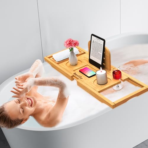 Premium Bamboo Bathtub Tray Caddy - Bath Tub Tray Table for Bathtub - Bath Caddy Tray for Bathtub, Expandable Size, Fits Most Bath Tubs - color: Natural(bamboo Wood Color)