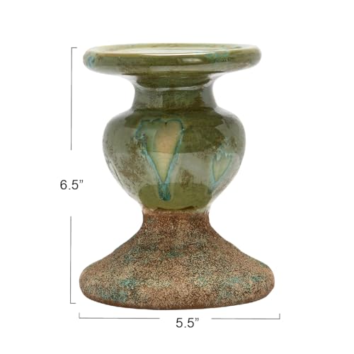 Creative Co-Op 2-Tone Sculptural Terracotta Pillar Candle Holder, Distressed Green - color: Green, size: 5.5" W x 6.5" H