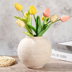 Rustic Farmhouse Vase Home Decor - 6 in Ceramic Boho Decorative Vase for Decor, Round Clay Whitewashed Terracotta Bowl vase for Living Room, Table, Shelf, Centerpieces - style: Rustic Ribbed Whitewash