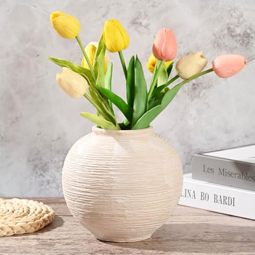 Rustic Farmhouse Vase Home Decor - 6 in Ceramic Boho Decorative Vase for Decor, Round Clay Whitewashed Terracotta Bowl vase for Living Room, Table, Shelf, Centerpieces - style: 02 - Small Rustic Ribbed Whitewash
