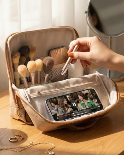 Large Standing Makeup Bag, Sturdy PU Leather Cosmetic Organizer with Fold-Down Phone Tray, Waterproof Travel Toiletry Case with Wipeable TPU Brush Holder, 9.5 Inch, Brown - color: Brown
