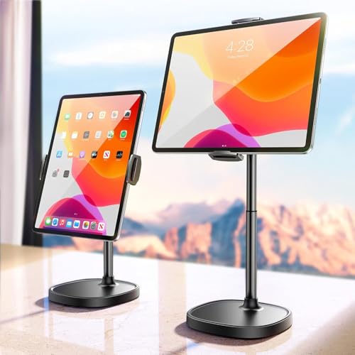 DIMONCOAT Height Adjustable Tablet Stand for Desk, Tablet Holder 360° Rotation: Desktop Tablet Accessories for 4.7-10" Like iPad Pro, Air Mini, Kindle, E-Reader, iPhone 17 Pro Max - color: BLACK - 6X STABLE WEIGHTED BASE, size: For 4-10 Inch