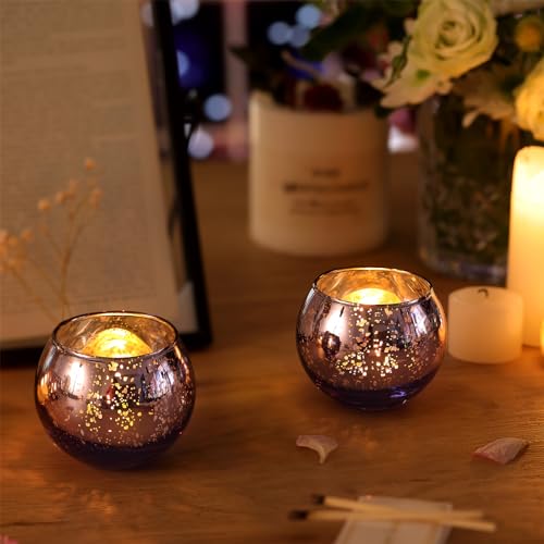 Volens Round Purple Votive Candle Holders Set of 12, Purple Wedding Centerpiece Table Decorations, Mercury Glass Tealight Candle Holder for Bridal Shower, Baby Shower & Home Decor - color: Purple