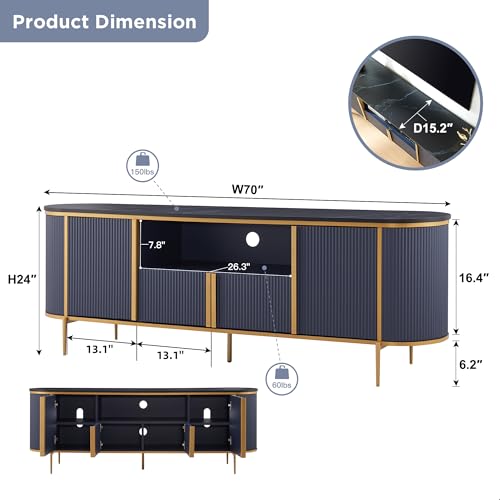 OKD Luxury 70" Fluted TV Stand, Modern Chic Entertainment Center for TVs Up to 80 inches, TV Console with Faux Marble Top, Curved Profile Design, Media Console for Living Room, Navy Blue - color: Navy Blue, size: 70" TV Stand without Fireplace