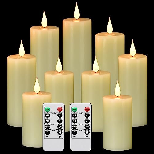 Hanzim Flameless Flickering Battery Operated Candles 9PACK Real Wax Pillar LED Candles with 10-Key Remote Control and 24 Hours Timer for Wedding, Party, Home Decoration (Ivory) - color: H02# White 9pack Real wax