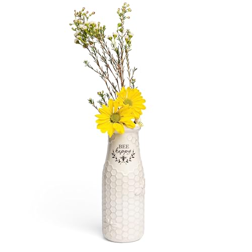 Young's Inc. Ceramic Flower Vase (Bee Happy) - White Ceramic Vase - Honeycomb Decor - 3" L x 3" W x 8" H Contains one Flower vase - color: Vase ("Bee Happy")