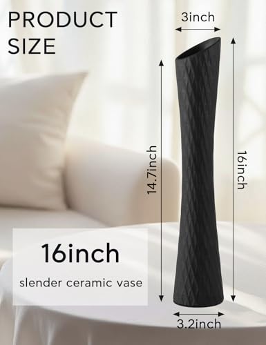 Black Vase 16" Tall Table Ceramic Vases,Skinny Long Vase for Pampas Grass,Modern Minimalist Style Flower Vases for Home Decor Office Decoration,Centerpieces - color: Tallvase-black
