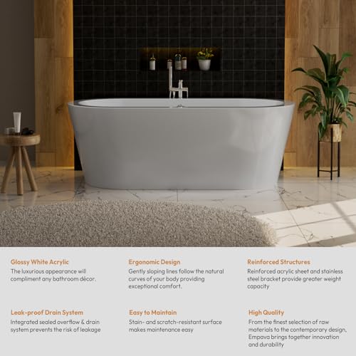 Empava 59"Freestanding Bathtub, Luxury Acrylic Soaking Tub with Drain and Overflow, Modern Stand Alone Design, Glossy White,cUPC Certified