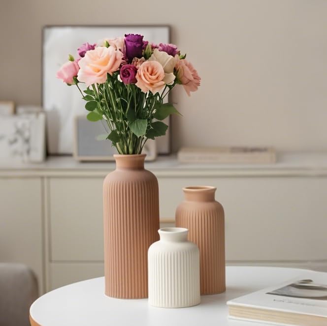 Large Modern Ceramic Vase Set, Coffee Ribbed Matte Design, 3-Piece Decorative Vases for Home, Living Room, Office (XL Coffee Mix) - color: XL Coffee Mix