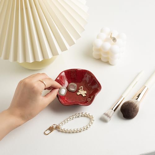Ceramic Ring Dish, Jewelry Dish Holder, Small Trinket Tray Plate for Earrings Rings Necklaces Keys, Gift for Mom Friend Sister on Birthday Mother's Day Christmas (Red Surface) - color: Red Surface