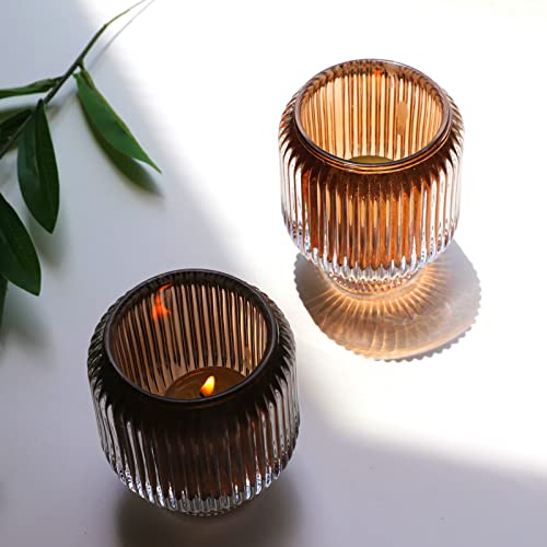 Woho Votive Candle Holders for Wedding Centerpieces, Tealight Candle Holder Set of 2, Glass Votive Candle Holder Bulk for Home Decor(Brown, 3.5'' Tall 3.1'' Diameter) - color: Brown