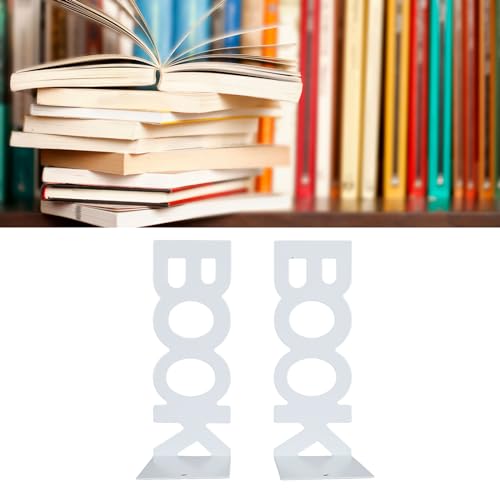 Metal Decorative Bookends Keep Upright for School Office, 1 Pair Heavy Books Stopper for Shelves, Book Ends for Home Decor (White) - color: White