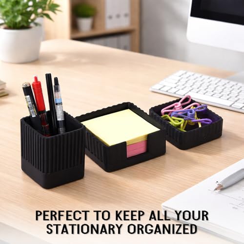 Desk Organizer Set of 3 for Office Accessories - Includes Pen Holder, Paperclip Storage, and Sticky Note Holder - Aesthetic Concrete Desktop Accessories for Women or Men, Office Decor (Black) - color: Black