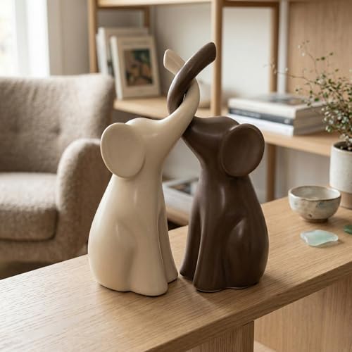 Loving Elephant Couple Figurines – Set of 2 Modern Ceramic Elephant Sculptures in Ivory & Brown, Minimalist Home Decor for Shelves & Tables, 8.27” Tall
