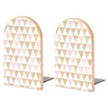 Wooden Bookends 2 Pcs,Abstract Gold and Pink Triangles Heavy Duty Office Book Ends Anti Slip Book Shelf Holder with Metal Base Decorative Book Stands - color: Abstract Gold and Pink Triangles