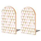 Wooden Bookends 2 Pcs,Abstract Gold and Pink Triangles Heavy Duty Office Book Ends Anti Slip Book Shelf Holder with Metal Base Decorative Book Stands - color: Abstract Gold and Pink Triangles