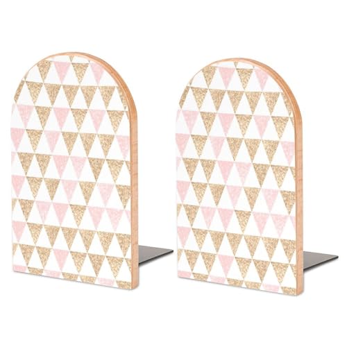 Wooden Bookends 2 Pcs,Abstract Gold and Pink Triangles Heavy Duty Office Book Ends Anti Slip Book Shelf Holder with Metal Base Decorative Book Stands - color: Abstract Gold and Pink Triangles