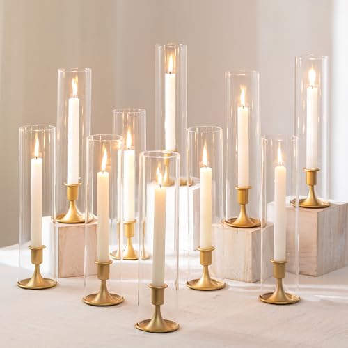 Romadedi Hurricane Candlestick Holders Gold - Taper Candle Holders Tall Clear Glass Cylinder for Wedding Table Centerpieces Party Decor Birthday Christmas Home Decorations Set of 2