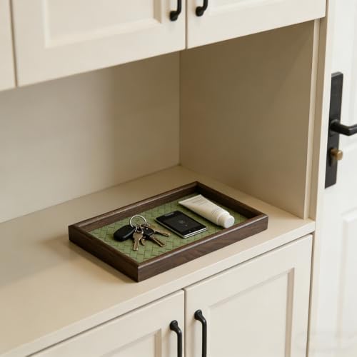 Wooden Valet Tray with Leather Base, EDC Catch All Tray Nightstand Entryway Table Vanity Organizer 11.8x7.9, Green - color: Green