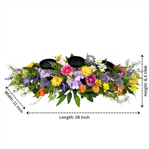 26 Inch Spring Summer Centerpiece with 3 Candle Holders Floral Table Centerpiece with Daisies and Wildflowers for Dining Table Mantel Wall and Farmhouse Table Decoration
