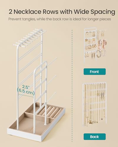 SONGMICS Necklace Holder, Jewelry Stand Holder Organizer, Jewelry Display with Metal Frame, Velvet Tray, Earring Bracelet Holder, for Gift Idea, 5.5 x 9.4 x 14.1 inch, Matte White UJJS028W01 - color: Matte White, size: 5.5"D x 9.4"W x 14.1"H