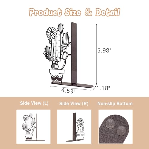 Metal Cactus Planter Book Ends, Dual Wave Pot Design Unique Cute Bookends with Rust Proof Coating, Home Office Decor & Gift for Book Lovers(Brown) - color: Brown