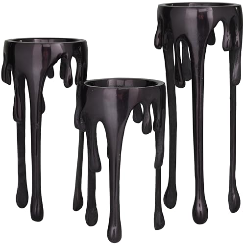 CosmoLiving by Cosmopolitan Aluminum Metal Decorative Candle Holder Pillar Candle Stand with Dripping Melting Designed Legs, Set of 3 Candlestick Holder 12", 10", 8"H, Black - color: Black