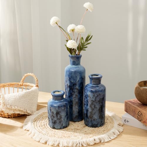 Vintage Ceramic Flower Vase Set of 3, Rustic Farmhouse Vase for Home Decor, Distressed Decorative Vase for Table Entryway Mantel Centerpiece Living Room Bathroom Bedroom (Cobalt Blue) - color: 106-cobalt Blue